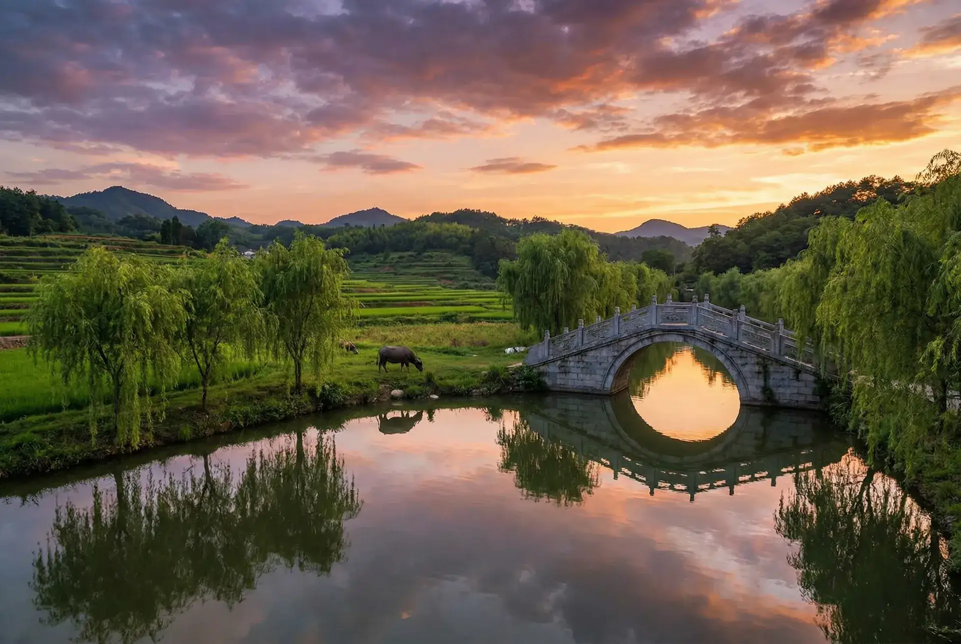 夕阳下的石拱桥与垂柳，水牛在河边吃草 - 哒哒哒WWW在线观看视频播放 乡村美景