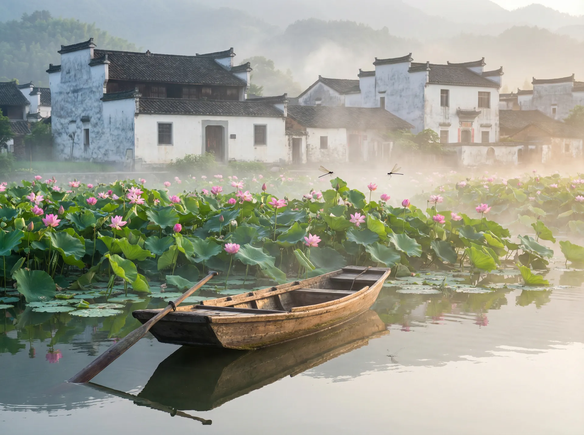 清晨荷塘小舟，粉色荷花盛开，白墙黑瓦的村庄 - 哒哒哒WWW在线观看视频播放 水乡风情